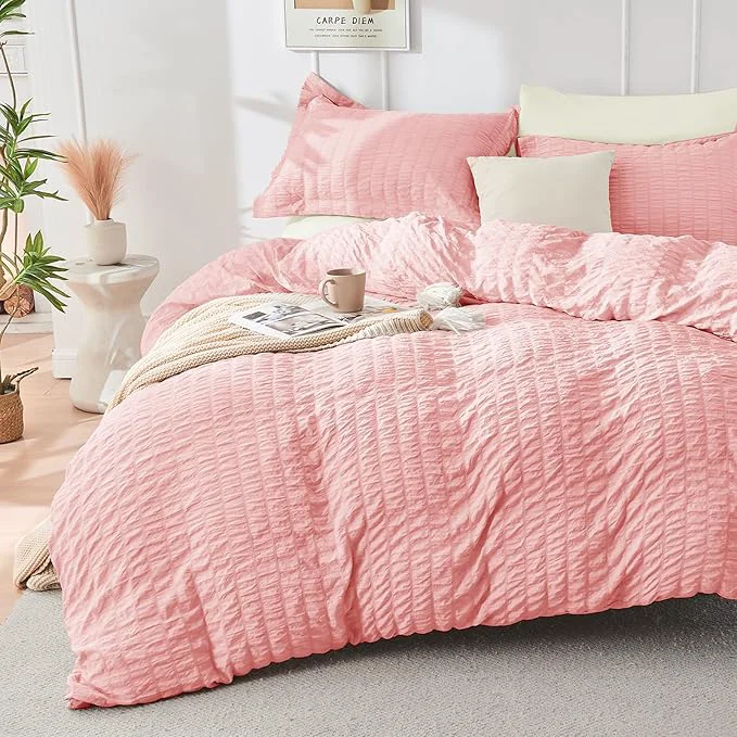 HYMOKEGE Pink Ivory Duvet Cover Queen Size Ultra Soft 3-Piece Seersucker Duvet Cover Set with Zipper Closure Soft Brushed Microfiber Bedding Set with 8 Corner Ties 90 quot x90 quot 2 Pillowshams Organic
