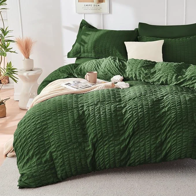 Detailed HYMOKEGE Dark Green Duvet Cover Queen Size Ultra Soft 3-Piece Seersucker Duvet Cover Set with Zipper Closure Soft Brushed Microfiber Bedding Set with 8 Corner Ties 90 quot x90 quot 2 Pillowshams Genuine