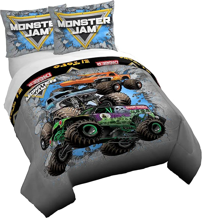 Eco-Friendly Jay Franco Kids Duvet Cover Set – 3 Piece Super Soft Bedding with Sham Pillowcase Cover ONLY Comforter Not Included Grey – Monster Jam Full Minimalist