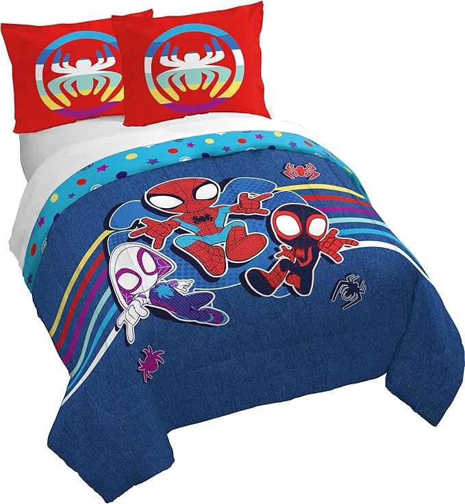 High-Performance Jay Franco Kids Duvet Cover Set – 3 Piece Super Soft Bedding with Sham Pillowcase Cover ONLY Comforter Not Included Blue – Spidey amp Friends Queen Functional