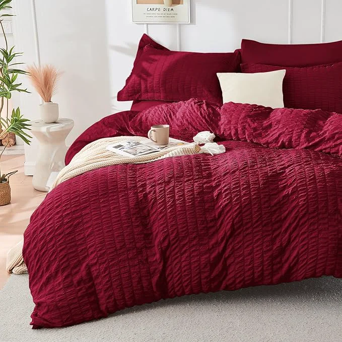Casual HYMOKEGE Burgundy Duvet Cover Full Size Ultra Soft 3-Piece Seersucker Duvet Cover Set with Zipper Closure Soft Brushed Microfiber Bedding Set with 8 Corner Ties 80 quot x90 quot 2 Pillowshams Safe