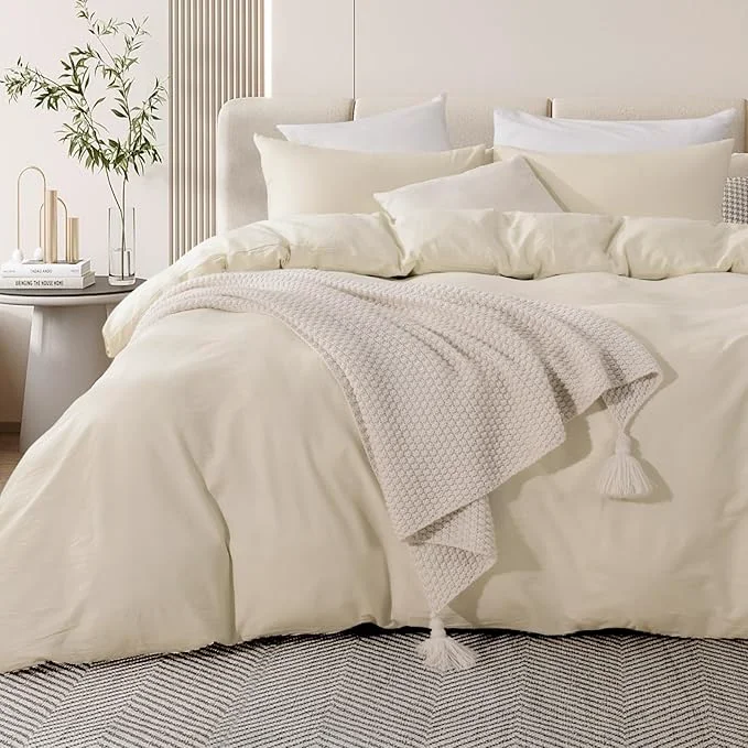 Superior NEXHOME PRO Duvet Cover Set Washed Cotton Full Size Linen Feel Textured Organic Natural 3 Pieces Bedding Set with Zipper Closure and Corner Ties Breathable Cream Grey No Comforter Responsible
