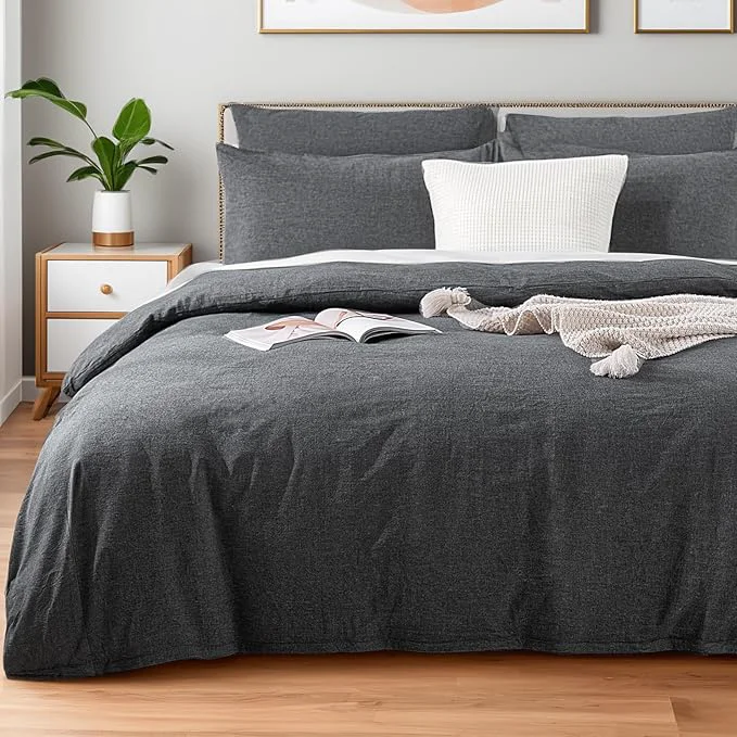 User-Friendly NEXHOME PRO Duvet Cover King Washed Cotton Organic Natural Linen Like Textured Breathable Durable Bedding Set Heather Black 10490 Detailed