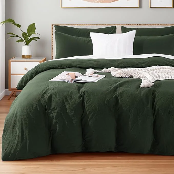 Refined NEXHOME PRO Queen Duvet Cover Set – Organic Cotton with Washed Feel amp Linen-Like Texture Comfortable amp Breathable Home Bedding Set Olive Green No Comforter Professional