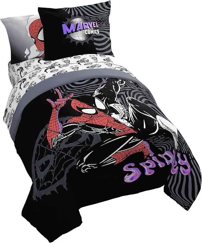 Premium Jay Franco Kids Comforter Set Includes Sheets and Pillow Covers – Soft and Cozy Bed Set for Stylish Room Decor Black – Marvel Comics 5 Piece Twin Size Bedding High-Grade