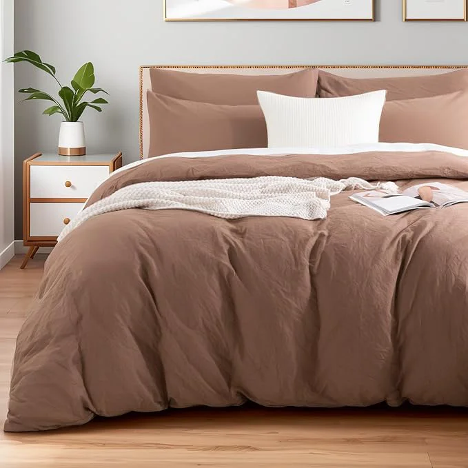 Functional NEXHOME PRO Duvet Cover Set Queen Size Linen Textured Organic Natural Washed Cotton Duvet Cover Mocha Brown 3 Pieces Bedding Set with Zipper Closure Breathable Soft No Comforter Dependable