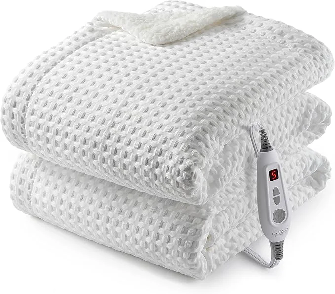 Responsible CAROMIO Heated Blanket Throw Waffle Weave Electric Throw Blanket Fast Heating with LCD Controller 6 Heat Levels amp 4 Hour Auto Shut Off ETL Machine Washable Off White 50 quot x 60 quot User-Friendly