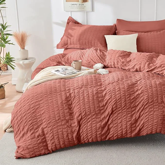 Quality HYMOKEGE Coral Red Duvet Cover Full Size Ultra Soft 3-Piece Seersucker Duvet Cover Set with Zipper Closure Soft Brushed Microfiber Bedding Set with 8 Corner Ties 80 quot x90 quot 2 Pillowshams First-Class