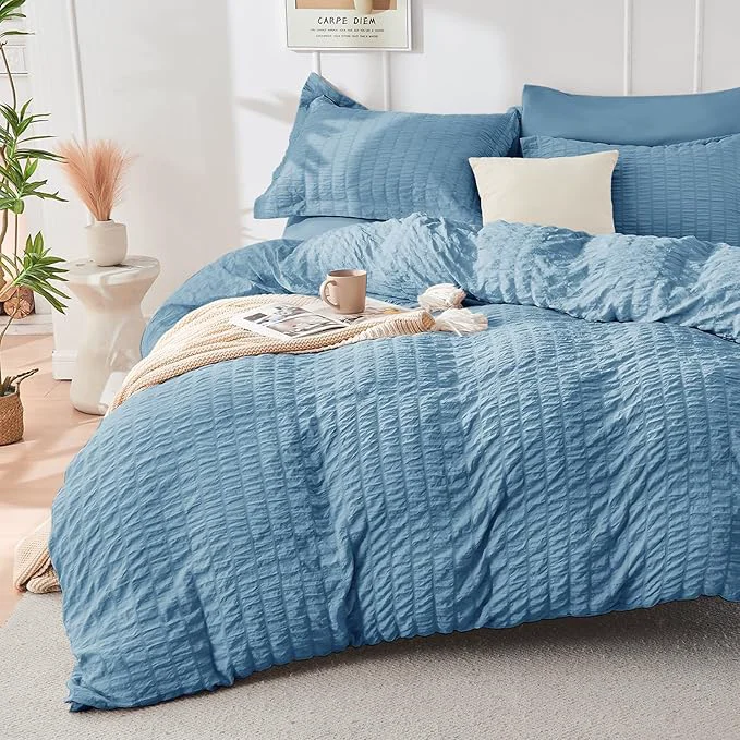 Superior HYMOKEGE Mineral Blue Duvet Cover King Size Ultra Soft 3-Piece Seersucker Duvet Cover Set with Zipper Closure Soft Brushed Microfiber Bedding Set with 8 Corner Ties 104 quot x90 quot 2 Pillowshams Dependable