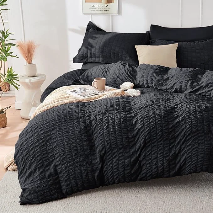 Solid HYMOKEGE Black Duvet Cover King Size Ultra Soft 3-Piece Seersucker Duvet Cover Set with Zipper Closure Soft Brushed Microfiber Bedding Set with 8 Corner Ties 104 quot x90 quot 2 Pillowshams Fine Crafted