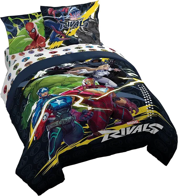 Jay Franco Kids Comforter Set Includes Sheets and Pillow Covers – Soft and Cozy Bed Set for Stylish Room Decor Licensed Bedding Multi – Marvel Rivals 7 Piece Queen Long-Lasting