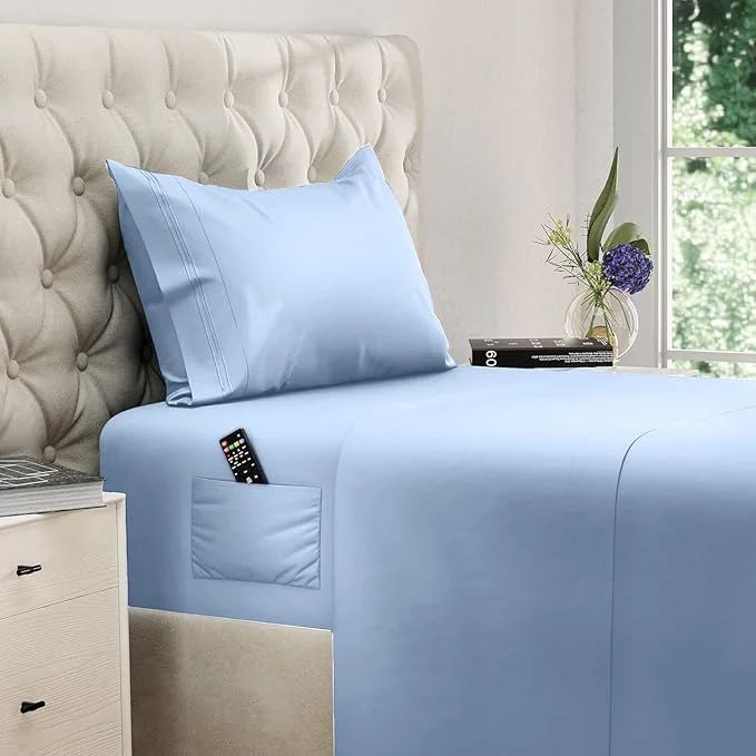 Organic DREAMCARE Twin XL Sheet Sets – 3pcs Cooling Sheets – up to 21 Extra Deep Pocket Twin XL Sheets Set – Hotel Luxury Sheets amp Pillowcases – Superior Softness Fine Microfiber with Side Pocket – Blue Original Design