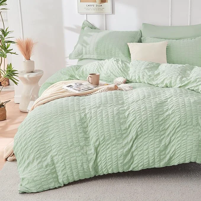 Flexible HYMOKEGE Light Green Duvet Cover Queen Size Ultra Soft 3-Piece Seersucker Duvet Cover Set with Zipper Closure Soft Brushed Microfiber Bedding Set with 8 Corner Ties 90 quot x90 quot 2 Pillowshams Consistent