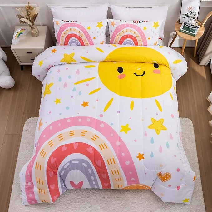 Elite Btargot Lightweight Soft 3 Piece Rainbow Comforter Set with 2 Pillow Covers Cartoon Love Hearts Flowers and Sun Star Bedding Set for Girls Boys Kids Full Pink Versatile