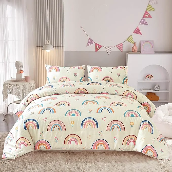Organic Btargot Lightweight Soft 3 Piece Rainbow Comforter Set with 2 Pillow Covers Cartoon Love Hearts Flowers and Grass Bedding Set for Girls Boys Kids Twin Multi-Color Flexible