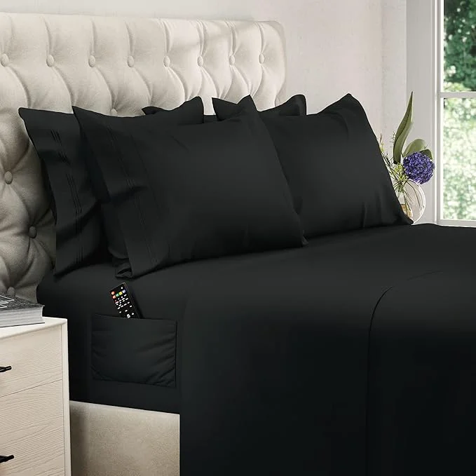 Professional DREAMCARE Queen Sheet Set – 6 pcs Cooling Bed Sheets – up to 21 Deep Pocket Queen Sheets Set – 2500 Supreme Collection – Extra Soft Brushed Microfiber Hotel Luxury with Side Pocket – Black First-Class