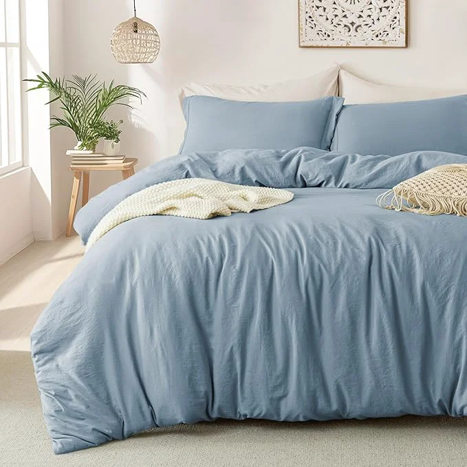 Verified MILDLY Super Soft Duvet Cover – Washed Microfiber Haze Blue Comforter Cover Set 3 Pieces with Zipper Closure amp Corner Ties No Comforter Environmentally Friendly