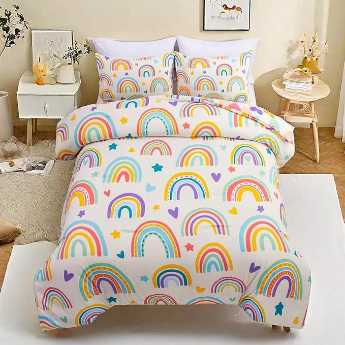 Premium Material Btargot 3 Piece Kids Rainbow Comforter Set with 2 Pillow Covers Cartoon Love Hearts Suns and Stars Bedding Set for Girls Boys Full Beige Smart