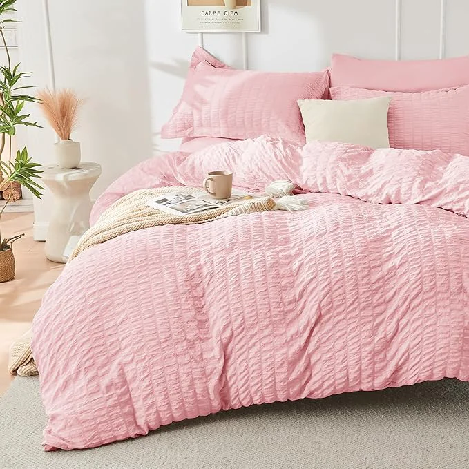 Trendy HYMOKEGE Pink Duvet Cover Queen Size Ultra Soft 3-Piece Seersucker Duvet Cover Set with Zipper Closure Soft Brushed Microfiber Bedding Set with 8 Corner Ties 90 quot x90 quot 2 Pillowshams Casual