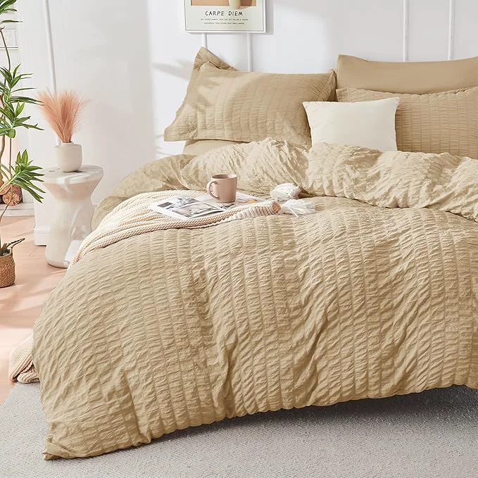 Refined HYMOKEGE Khaki Duvet Cover Queen Size Ultra Soft 3-Piece Seersucker Duvet Cover Set with Zipper Closure Soft Brushed Microfiber Bedding Set with 8 Corner Ties 90 quot x90 quot 2 Pillowshams Comfortable