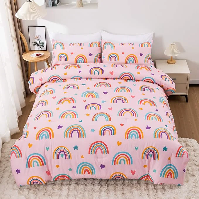 Fine Btargot Lightweight Soft 3 Piece Rainbow Comforter Set with 2 Pillow Covers Cartoon Love Hearts Flowers and Sun Moon Star Bedding Set for Girls Boys Kids Queen Blush Minimalist