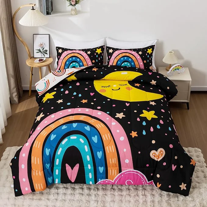 High-Quality Btargot Lightweight Soft 3 Piece Rainbow Comforter Set with 2 Pillow Covers Cartoon Love Hearts Flowers and Sun Moon Star Bedding Set for Girls Boys Kids Queen Black Efficient