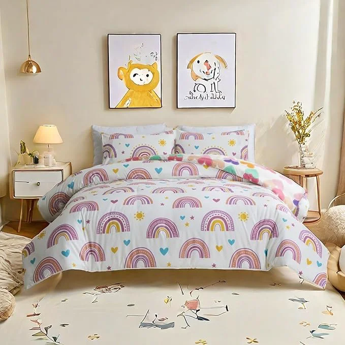 Casual Btargot Lightweight Soft 3 Piece Rainbow Comforter Set with 2 Pillow Covers Cartoon Love Hearts Suns and Stars Bedding Set for Girls Boys Kids Twin Purple Advanced