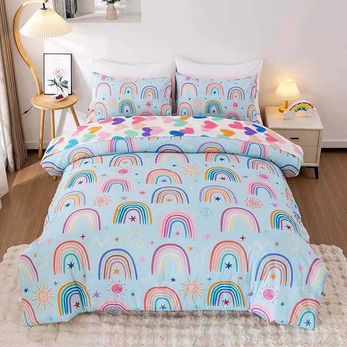 User-Friendly Btargot Lightweight Soft 3 Piece Rainbow Comforter Set with 2 Pillow Covers Cartoon Love Hearts Suns and Stars Bedding Set for Girls Boys Kids Twin Light Blue Casual