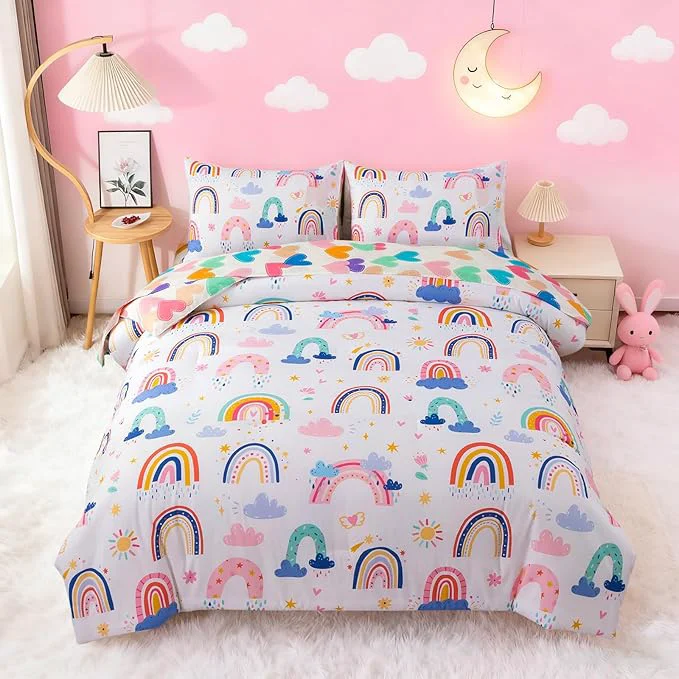 Original Btargot Lightweight Soft 3 Piece Rainbow Comforter Set with 2 Pillow Covers Cartoon Leaves Flowers and Sun Star Bedding Set for Girls Boys Kids Twin White Comfortable
