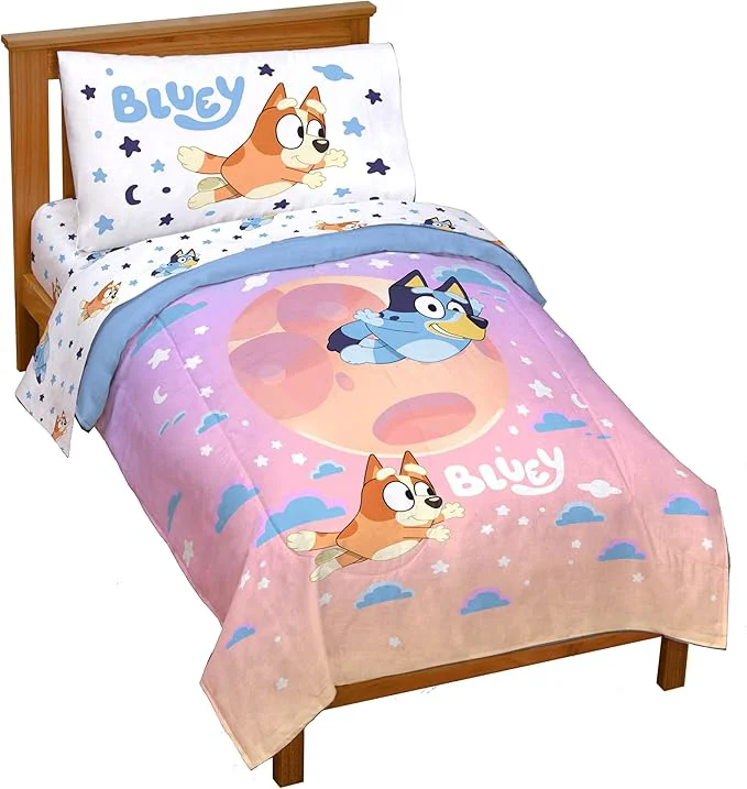Trendy Jay Franco Bluey amp Bingo Toddler Comforter Set – 4 Piece Bed Set Includes Sheet Set amp Pillow Covers – Super Soft Clouds amp Stars Kids Bedding Secure