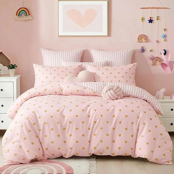 Original Pink Comforter Set Full Gold Heart Bedding Set for Girls Kids Reversible Pink White Wide Striped Design Cute Coquette Comforter 3 Pieces with 2 Pillowcases Soft Microfiber Smooth