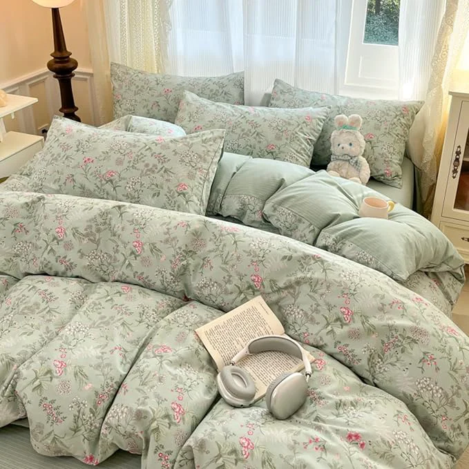 Official Comforter Set Queen 3 Piecess Green Pink Floral Bedding Set for Girls Kids Colorful Botanical Flower Bedding Soft Breathable Microfiber Sage Green Comforter with 2 Pillowcases Natural