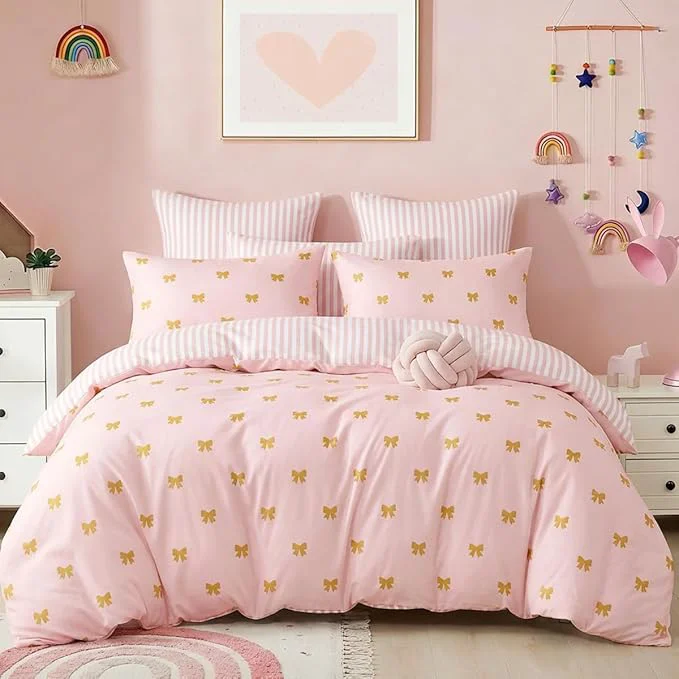 Breathable Pink Comforter Set Queen Gold Bow Bedding Set for Girls Kids Reversible Pink White Wide Striped Pattern Coquette Comforter 3 Pieces with 2 Pillowcases Soft Microfiber Next-Generation