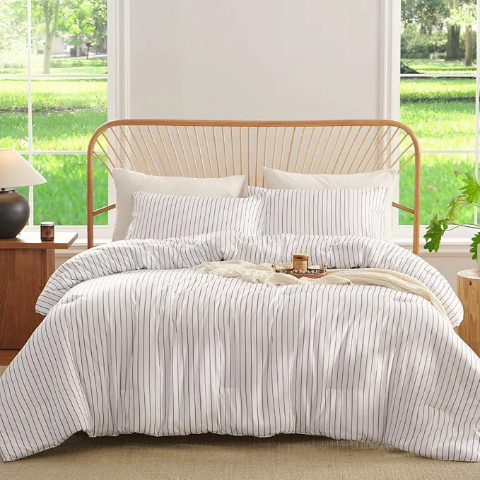 Elegant Striped Comforter Set Queen Size Light Tannish Grey White Stripes Bedding Set for All Season 3 Pieces Lightweight Bedding Comforter Sets with 2 Pillowcases Proven