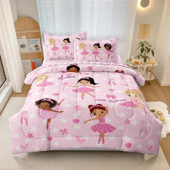 Elite Full Bedding Set for Girls Kids 5 Pieces Comforter Sets Bed in a Bag Pink Floral Ballerina Bedding Comforter Sheet Set Cute Bedroom Decor Lightweight