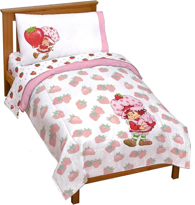 Certified Jay Franco Strawberry Shortcake Toddler Comforter Set – 4 Piece Bedding Includes Sheet Set amp Pillow Cover – Super Soft Pink amp White Kids Bedding Efficient