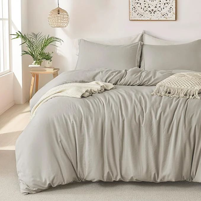 Trendy MILDLY Super Soft Duvet Cover 2pcs – Washed Microfiber Linen Grey Comforter Cover Set with Zipper Closure amp Corner Ties No Comforter Breathable