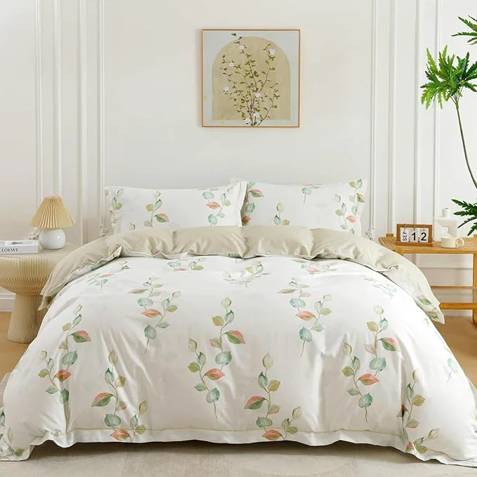 Excellent OAITE Duvet Cover Set Queen Size Floral Pattern Ultra Soft Cotton Duvet Cover Sets 3-PC Breathable Duvet Cover with Zipper Closure amp Corner Ties 2 Pillow Shams 1 Duvet Cover Clean