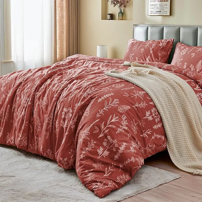 World-Class MUXHOMO Duvet Cover Queen Size Reversible Floral Terracotta Duvet Cover Set with Zipper Closure 3 Pieces Botanical Patterns Soft Microfiber Bedding Set with 4 Ties 90 quot x90 quot 2 Pillow Cases Fine Crafted