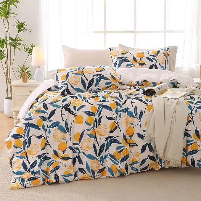 Original Design MUXHOMO Duvet Cover Queen Size Reversible Floral Vintage Duvet Cover Set with Zipper Closure 3 Pieces Botanical Patterns Soft Microfiber Bedding Set 90 quot x90 quot 2 Pillow Cases Lemon Flower Green Dependable