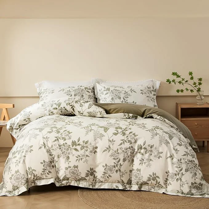 Professional OAITE Duvet Cover Set Queen Size Floral Pattern 600 Thread Count Ultra Soft Long Staple Cotton Duvet Cover Sets 3-PC Breathable Duvet Cover with Zipper Closure amp Corner Ties Artisan