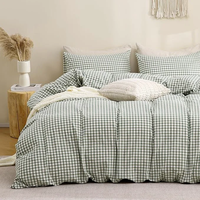 Original Design TOCOMOA Green Gingham Duvet Cover Bedding Set Washed Cotton Like Linen Feel Super Soft Comfortable 3 Piece Vintage Plaid Checkered Comforter Cover Set Queen 90 quot x90 quot Comforter Not Included Proven