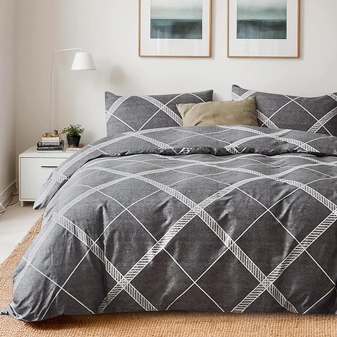Versatile TOCOMOA Plaid Duvet Cover Set Natural Cotton Soft Comfy Breathable 3 Piece Grey and White Striped Pattern Printed Comforter Cover Bedding Set Queen 90 quot x90 quot Comforter Not Included Exceptional