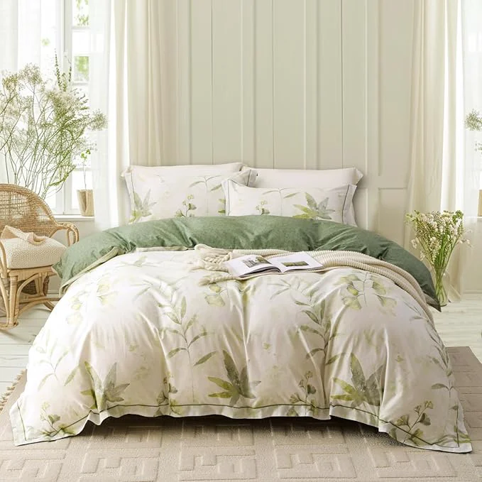 Advanced OAITE Duvet Cover Set King Size Floral Pattern 500 Thread Count Ultra Soft Cotton Duvet Cover Sets 3-PC Breathable Duvet Cover with Zipper Closure amp Corner Ties Green