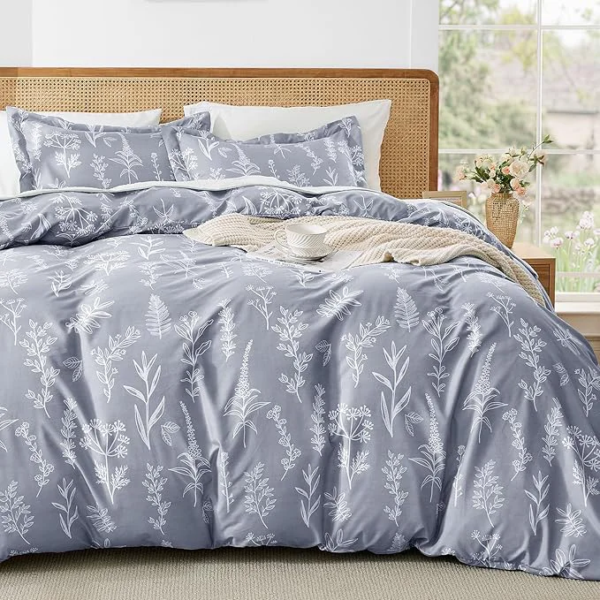 Traditional MUXHOMO Duvet Cover Queen Size Reversible Floral Grey Duvet Cover Set with Zipper Closure 3 Pieces Botanical Patterns Soft Microfiber Bedding Set with 4 Ties 90 quot x90 quot 2 Pillow Cases Fast