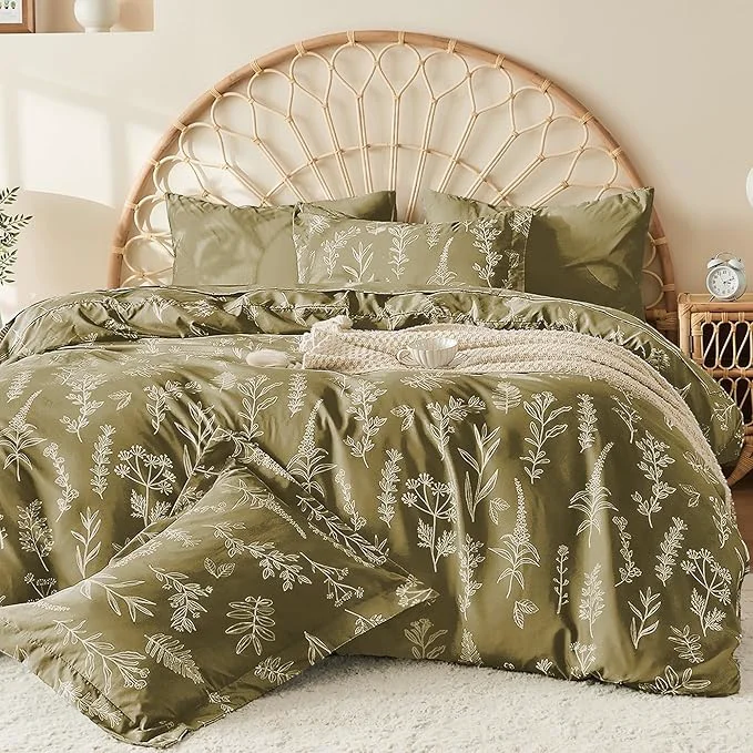 Environmentally Friendly MUXHOMO Duvet Cover Queen Size Reversible Floral Olive Green Duvet Cover Set with Zipper Closure 3 Pieces Botanical Patterns Soft Microfiber Bedding Set with 4 Ties 90 quot x90 quot 2 Pillow Cases Smart