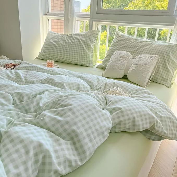 High-End Nayoroom Green Gingham Duvet Cover Queen Size Plaid Dorm Bedding Set 3 Pieces Grid Checkered Duvet Cover with 2 Pillowcases Soft Breathable Washed Microfiber Crafted