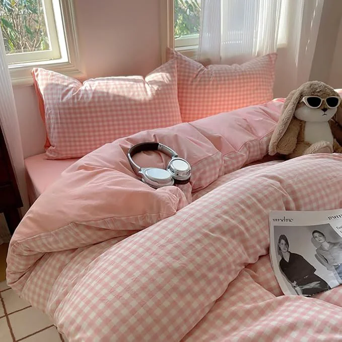 Safe Nayoroom Pink Gingham Duvet Cover King Size Reversible Plaid Checkered Duvet Cover 3 Pieces Soft Breathable Washed Microfiber Girls Dorm Bedding Set for All Season Dependable