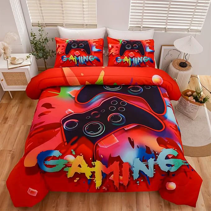 Carefully Designed Aimuan Gaming Comforter Sets for Boys Kids Bedding Sets Video Games Console Action Buttons Novelty Colorful Game Gamepad Controller Modern Gamer Room Decor Home Quilt Set Queen Red Unique