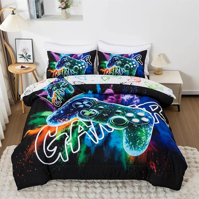 Practical Aimuan Gamer Gaming Bedding Sets 3D Gamepad Comforter Sets for Boys Games Console Action Buttons Novelty Colorful Game Controller Modern Room Decor Home Quilt Set Black-Green Twin 6Pcs Certified